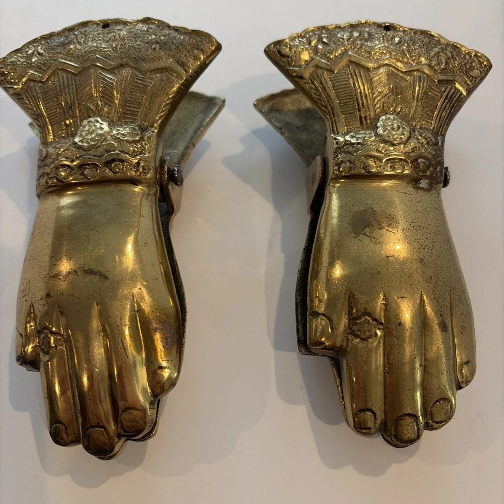 Vintage Brass Hand Shaped Spring Clips Pair Ruffled Cuff Design